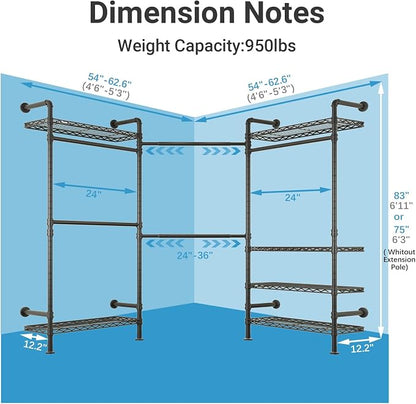 Timate L3 L Shape Garment Rack Heavy Duty Clothes Rack for Hanging Clothes, Expandable Industrial Pipe Wall Mounted Clothing Rack, Adjustable Corner Closet Wardrobe Closet Kit Closet Systems, Black
