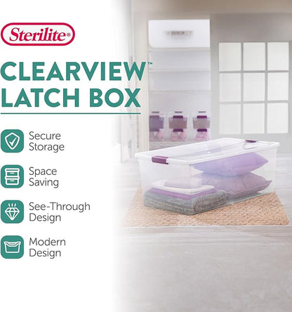 Sterilite 4-Pack 110 Quart ClearView Latch Box, Stackable Organizer Bins with Latching Lids - Clear Plastic Organization Containers for Closet, Bedroom, Shelving Units and Everyday Home Storage