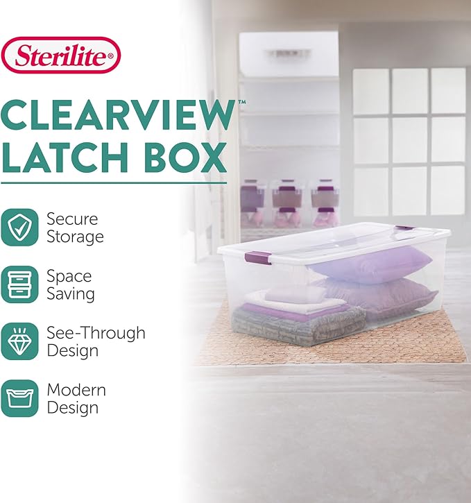 Sterilite 16-Pack 110 Quart ClearView Latch Box, Stackable Organizer Bins with Latching Lids - Clear Plastic Organization Containers for Closet, Bedroom, Shelving Units and Everyday Home Storage