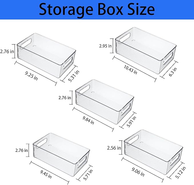 Refrigerator Organizer Bins 5 Pack Stackable Fridge Organizers with Handles Clear Freezer Storage Containers for Pantry, Cabinets,Shelves, Drawer – BPA-Free Plastic Kitchen Organizers