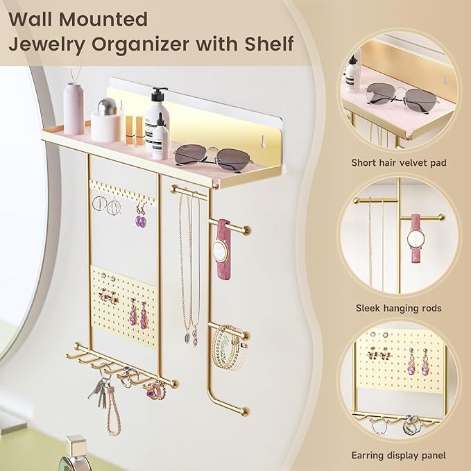 Saydear Wall Mounted Jewelry Organizer with Shelf: Metal Display Stand with Velvet Pad, Multi-Layer Necklace Hanging Rack for Bedroom Bathroom Space Saving No-Drill Wall Decor