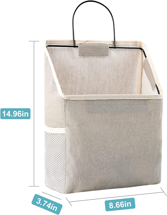Surblue Wall Hanging Storage Bag with Sticky Hook, Closet Hanging Storage for Pocket, Bathroom Dormitory Organizer Bag, Linen Cotton Organizer Box Containers for Bedroom(Grey)