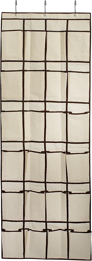 YBM HOME Ybmhome 24 Pocket Fabric Hanging Over The Closet Rod Shoe Storage Rack Organizer with 4 Metal Hanger Hooks Natural w/Brown Trim 2207 (1)