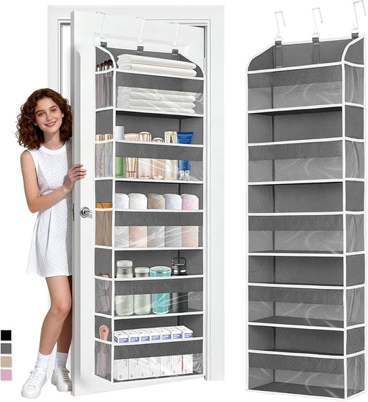 Gray 5 Layers Over The Door Organizer, Heavy Duty Hanging Organizer with Clear Window, 5 Large Pockets & 10 Mesh Side Pockets for Bedroom, Bathroom, Pantry, Nursery, Stores Shoes, Diapers