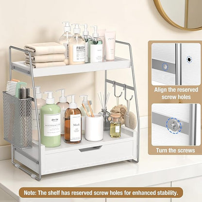 2 Tier Bathroom Counter Organizer Wood - Tiered Bathroom Countertop Shelf with Drawer, Removable Basket & 2 Hooks, Makeup Vanity Organizer for Skincare Perfume Toiletries, 13'' Silver