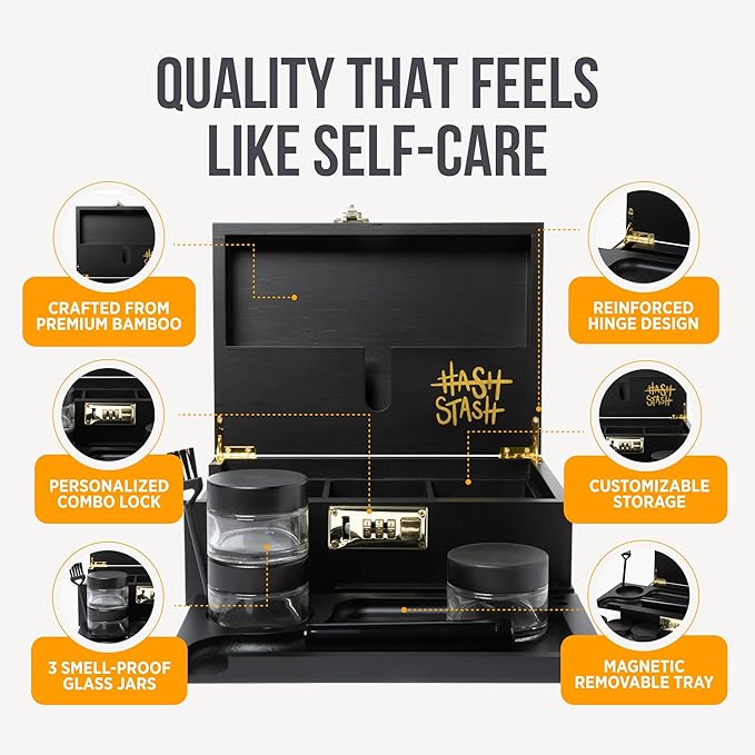 HASHSTASH The OG Storage Box - Large Bamboo Box with Combination Lock, Magnetic Lid, Organizer Tray, Airtight Tube and 3 Jars - Discreet Decorative Locking Wooden Box with Accessories (Black/Gold)