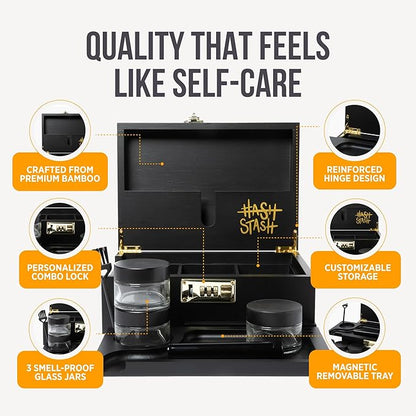 HASHSTASH The OG Storage Box - Large Bamboo Box with Combination Lock, Magnetic Lid, Organizer Tray, Airtight Tube and 3 Jars - Discreet Decorative Locking Wooden Box with Accessories (Black/Gold)