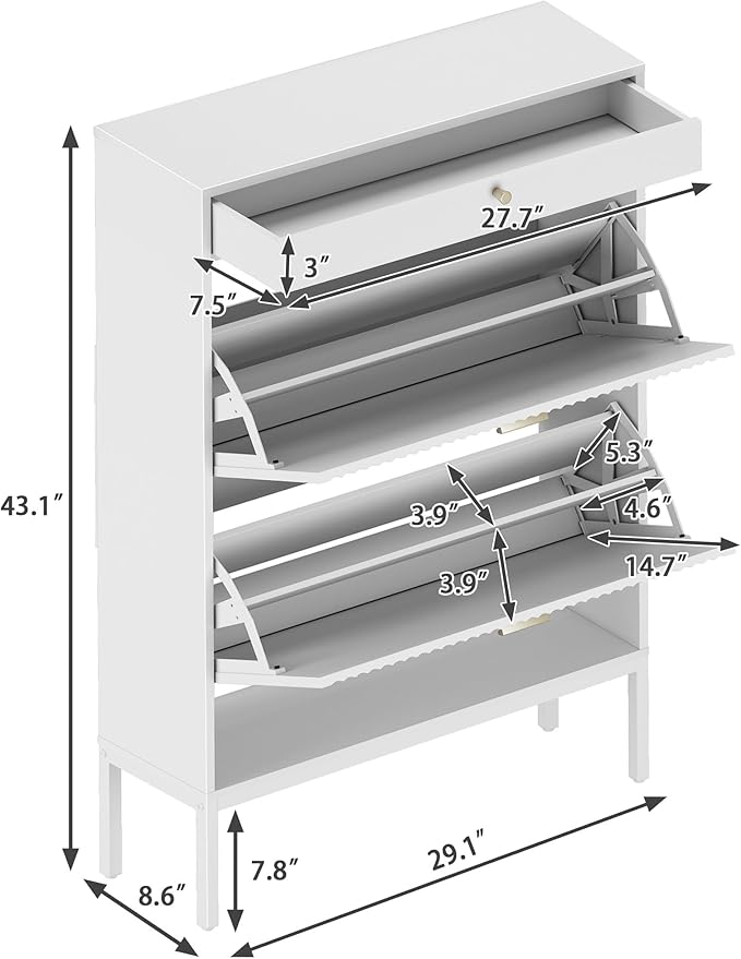 XIAO WEI Shoe Cabinet, Shoe Storage Organizer Cabinet with 2 Flip Wavy Line Drawers, Freestanding Shoe Rack with Adjustable Shelf for Entryway (White)