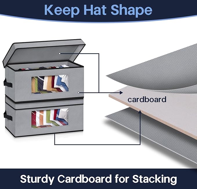 SLEEPING LAMB Stackable Hat Organzier for Baseball Caps, 4 PCS Hat Storage Boxes for Closet Hold 60 Caps with Cardboard, Grey
