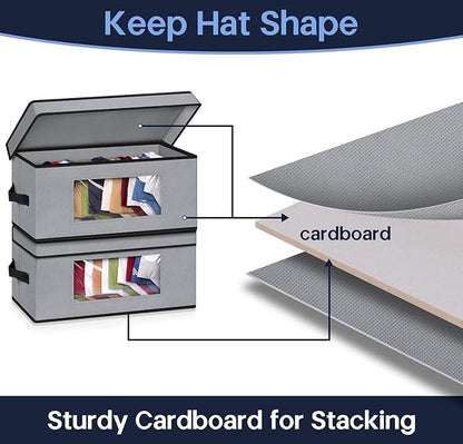 SLEEPING LAMB Stackable Hat Organzier for Baseball Caps, 4 PCS Hat Storage Boxes for Closet Hold 60 Caps with Cardboard, Grey