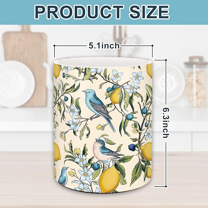 JarThenaAMCS Vintage Hummingbird Lemon Ceramic Utensil Holder Yellow Lemon Blue Bird Utensil Crock for Farmhouse Home Kitchen Countertop Storage Organizer Container