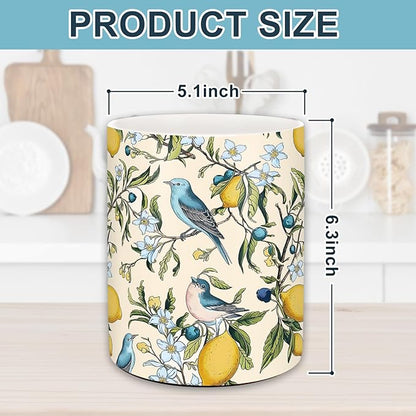 JarThenaAMCS Vintage Hummingbird Lemon Ceramic Utensil Holder Yellow Lemon Blue Bird Utensil Crock for Farmhouse Home Kitchen Countertop Storage Organizer Container