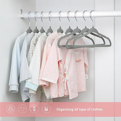 ManGotree Non-Slip Baby Velvet Clothes Hangers, Kids Coat Hangers with Swivel Hook and Notched Shoulders, Hanger for Children, Infant, Toddler Clothes 15 Pack (Grey)