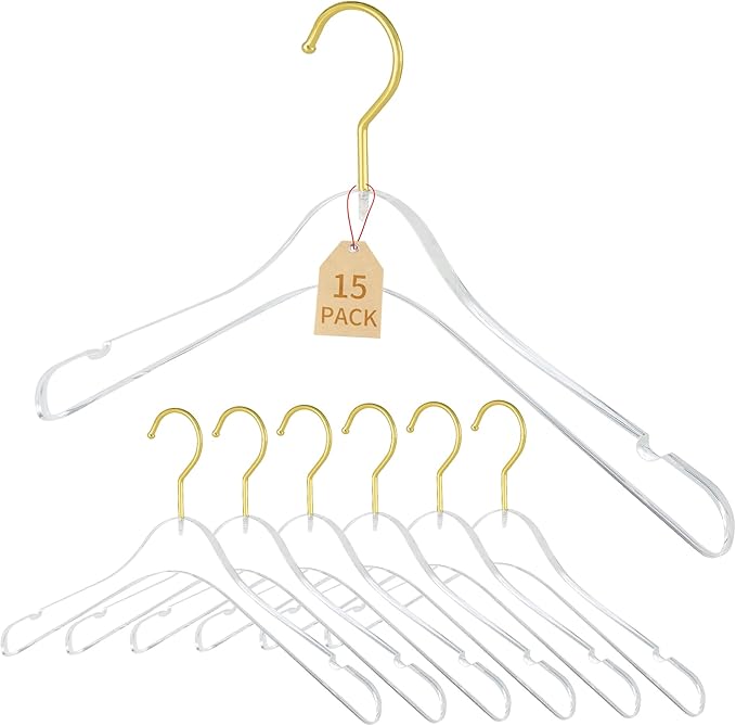 15 Pack Premium Quality Clear Acrylic Clothes Hangers - Clear & Gold Finish