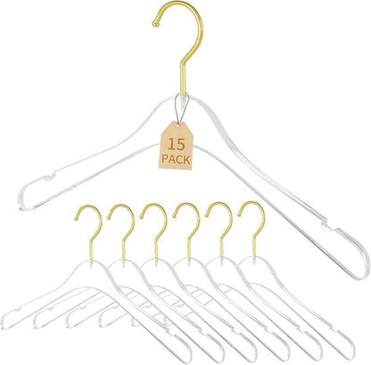 15 Pack Premium Quality Clear Acrylic Clothes Hangers - Clear & Gold Finish