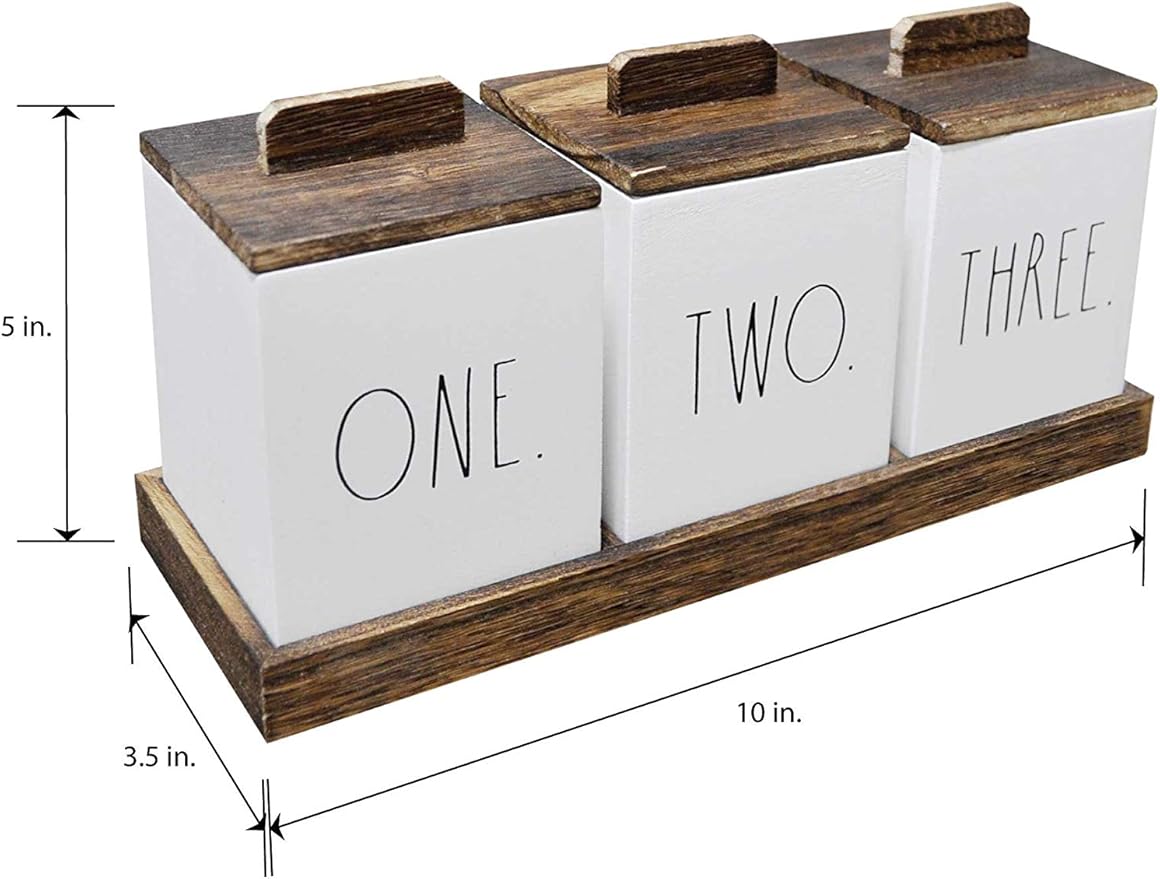 Rae Dunn Bathroom Containers for Organizing - Storage Canister Set of 3 with Lids and Wood Tray - Home Decor, Bathroom Vanity Organizer, Toilet Tank Topper, Makeup and Accessories Holder