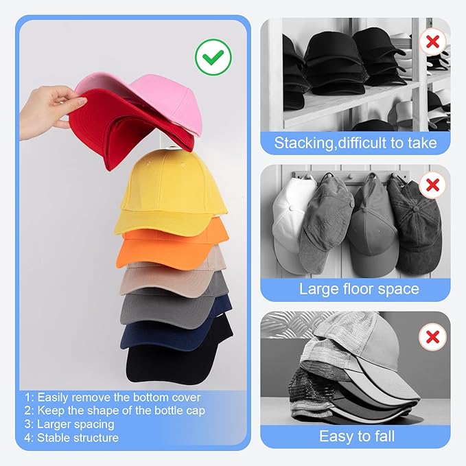 Hat Organizer for Baseball Caps, 2 Pack Hat Rack for Wall Hold up to 18 Hats Strong Adhesive Hat Hooks Stand Multilayer Hat Hanger Organizer Storage Holder Display for Door Closet Bedroom（White)