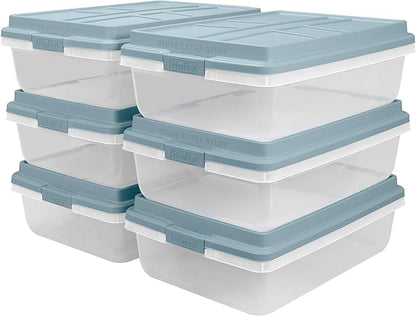 Hefty HI-RISE 40 Qt Stackable Storage Bins with Lids – 6 Pack Clear Plastic Under Bed Storage Containers, Shoe Organizer Boxes with XL Lid-Locking Latches, Comfort-Grip Handles, Durable Double Rim