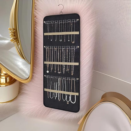 Hanging Jewelry Organizer Storage Roll with Hanger Metal Hooks Double-Sided Jewelry Holder for Earrings, Necklaces, Rings on Closet, Wall, Door 33 * 14IN (Black)