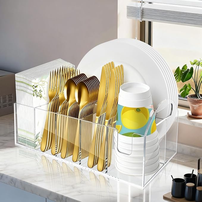 Acrylic Paper Plate Organizer, Utensil Silverware Caddy, Used For Storing Plates, Cups, Napkins, Small Snacks And Tableware - Suitable For Home, Party, Camping And Picnic
