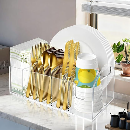 Acrylic Paper Plate Organizer, Utensil Silverware Caddy, Used For Storing Plates, Cups, Napkins, Small Snacks And Tableware - Suitable For Home, Party, Camping And Picnic