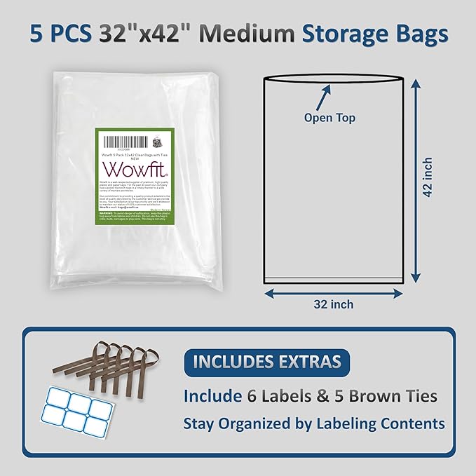 Wowfit 5 CT 32x42 inches Big Large Clear Plastic Bags Perfect for Blanket, Duvets, Pillows, Plush Toys, Comforter and Basement Storage (1.6 Mil Flat Bags)