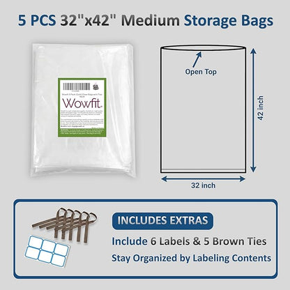Wowfit 5 CT 32x42 inches Big Large Clear Plastic Bags Perfect for Blanket, Duvets, Pillows, Plush Toys, Comforter and Basement Storage (1.6 Mil Flat Bags)