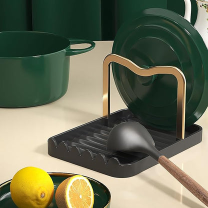 Stainless Steel Pot Lid Holder - Kitchen Organizer & Utensil Storage Rack with Detachable Drain Tray, Non-Slip Anti-Rust Countertop Space Saver for Spoons, Spatulas, Ladles, Tongs, Black Gold