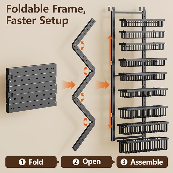 POKIPO 9 Tier Over The Door Pantry Organizer, 2 in 1 Wall Mount or Hanging Spice Rack with Adjustable Deep Basket, Heavy-Duty Seasoning Organizer and Storage for Kitchen Cabinet Closet Bathroom