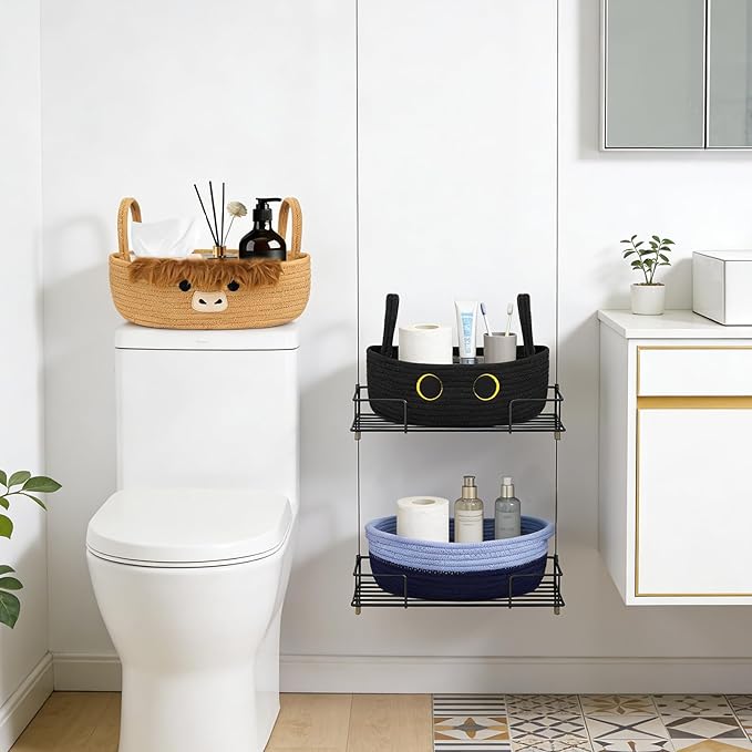 Toilet Black Cat Paper Basket–Cute Cat Oval Woven Bathroom Organizer Toilet Tank Decorative Storage Basket, Shelf Rope Cotton Cat Bin with Handles, Wedding Towel Holder, 13" D x 7.48" H in