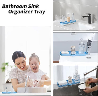 MicoYang Silicone Bathroom Soap Dishes with Drain Spout-Bathroom and Kitchen Sink Organizer,Sponge Holder,Dish Soap Tray,Perfect for Dispenser,Scrubber,Bottle on Sink or Counter-Light Blue 12"×4"