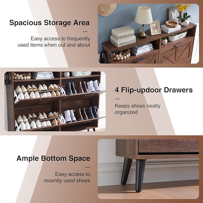 Barnyatoh Shoe Storage Cabinet,Farmhouse Shoe Organizer with 4 Flip Drawers & Barn Door Design,Freestanding Hidden Slim Narrow Shoe Rack Cabinet with Open Shelves for Entryway,Foyer,Hallway,Walnut