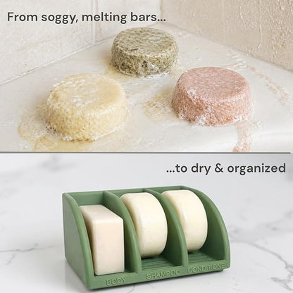 Shampoo Bar Holder for Shower, 3-Slot Soap & Conditioner Organizer with Drainage - Keeps Bars Dry & Lasts Longer - Modern Bathroom Organizer by Essence & Abode (Olive Green)