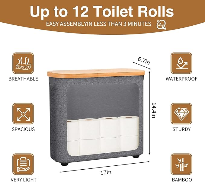 Toilet Paper Storage with Bamboo Lid,Foldable Basket Organizer for Bathroom, Holds 9 Mega/12 Regular Rolls, Waterproof Toilet Paper Holder Storage with Non-Slip Base,Gray