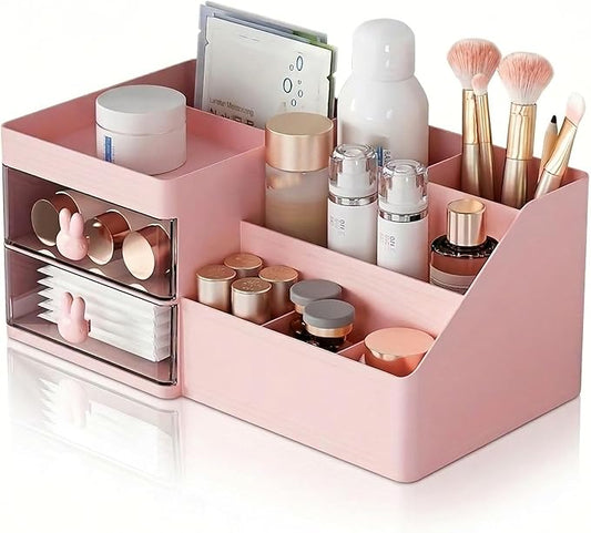 Makeup Organizer With 2 Drawers, Countertop Organizer For Vanity, Bathroom Organizers And Storage, Bathroom And Bedroom Desk Cosmetics Organizer For Skin Care, Brushes, Eyeshadow, Lotions (Pink)