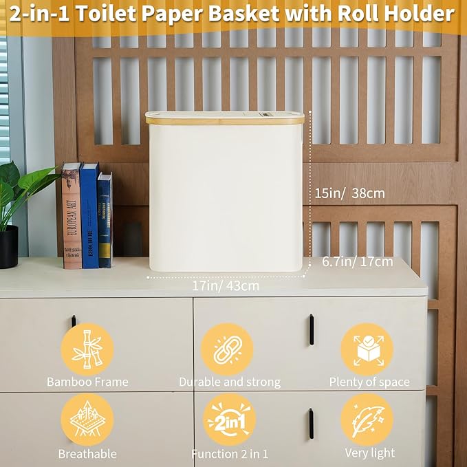 efluky Toilet Paper Storage and Holder 2 in 1, Toilet Paper Storage with Lid for Bathroom 28L, Free Standing Holder Organizer Holds Up to 9-12 Rolls, Beige
