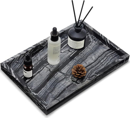 Real Natural Marble Tray for Bathroom, Vanity, Kitchen and Desktop, Rectangle Genuine Marble Stone Tray for Jewelry, Cosmetics, Candles, Lotion, Perfume (Wood Grain, 12" x 8" x 1.2")