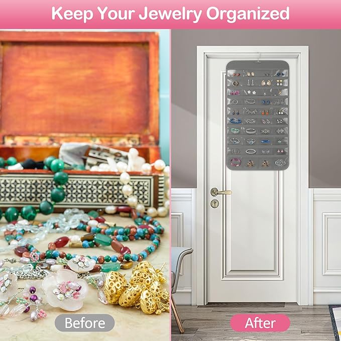 3 Pack Hanging Jewelry Organizer, 80 Clear Pockets earring organizer and storage, Accessories holder organizer for Closet, Jewelries, Necklace, Travel