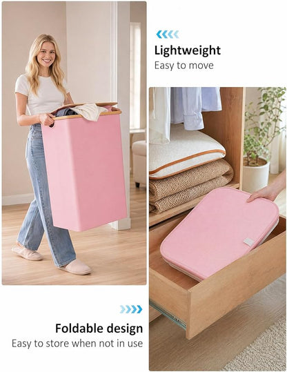 iEGrow Laundry Hamper with Lid, 110L Large Laundry Basket with Handle and Lid, Collapsible Clothes Basket Organizer with Removable Inner Bag for Clothes Towels,Pink