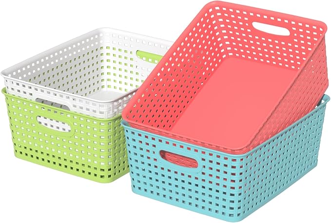 Plastic Storage Baskets, plastic weave basket, 4 Packs