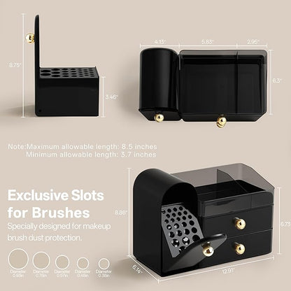 HBlife Makeup Organizer Countertop with Drawers, Vanity Organizers with Brush Holder, Bathroom Counter Organizer for Perfume, Nail Polishes, Lipsticks, Skincare and Eyeshadow Palettes, Black and Gold