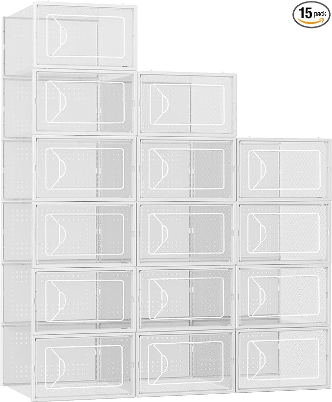 Foluck Shoe Storage Box, 15 Pack Clear Plastic Stackable Shoe Organizer for Closet, Interlocking Design Shoe Container Bins for Sneakers, Foldable Shoe Rack with Lids, White