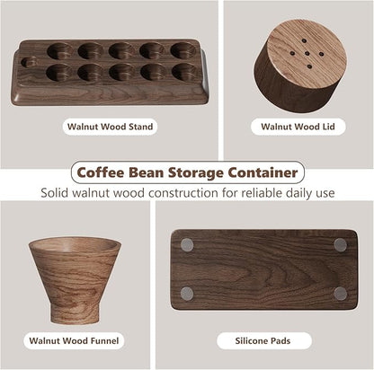 Single Dose Coffee Bean Storage Tubes Coffee Storage Container with One-Way Exhaust Valve,Coffee Bean Cellar 10 Pcs Dosing Glass Vials (2 Oz) Walnut Wood Stand Funnel And Lids