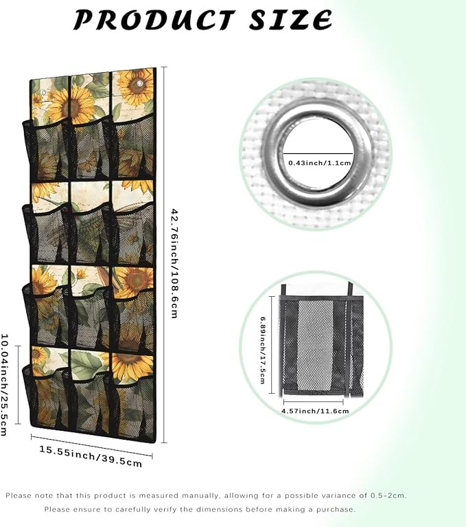 12-Pocket Over The Door Hanging Organizer, Lightweight Oxford Cloth Waterproof Foldable and Perfect for Bathroom Bedroom or Closet Storage Solutions, Sunflower and Hummingbird