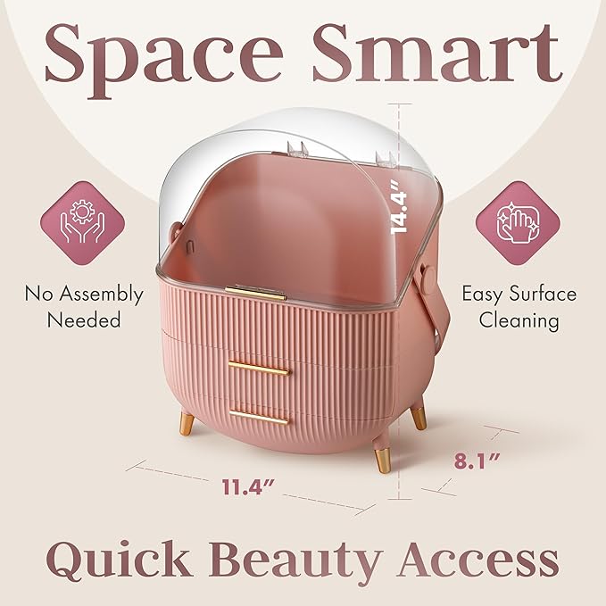 Covered Makeup Cosmetic Countertop - Large Cosmetic Organizer - Trendy Oval Shape Storage for Skin Care Organizer - Clear Lid, Storage Drawers, Carry Handle - Cute Stylish Decor Solution (Pink)