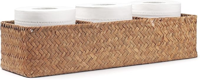 Seagrass Tank Basket for Toilet Paper 3 Sections Woven Storage Basket with Large Compartment Natural (16.5inch x 5.5inch x 3.5inch)