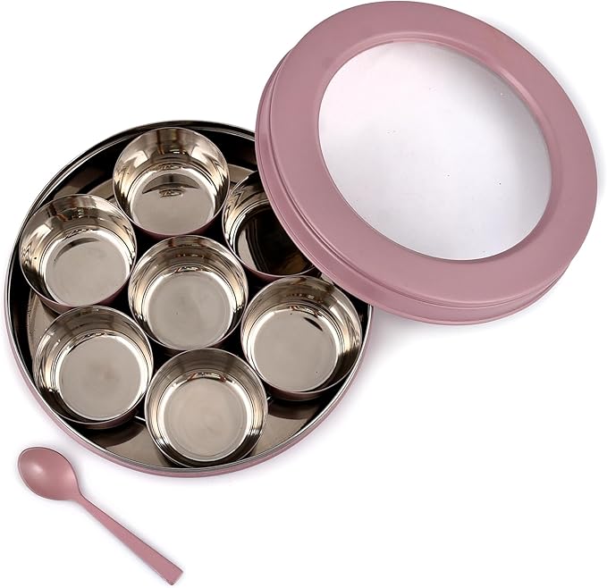 Elan 7 Compartment Multipurpose Air-Tight Stainless Steel See-Through Round Colorful Spice Box/Popula Dabba with Lid and Spoon | Mauve, (1500 ml)
