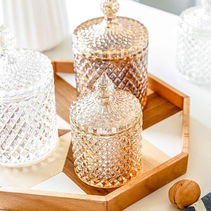 Colorful Home Decorative Jar Qtips Holder Dispenser Glass Storage Container Bathroom Counter Vanity Organizer for Bath Salts/Swabs/Rounds Makeup Sponges Toothpick Jewelry(Amber,20 oz)