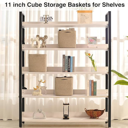11 Inch Cube Storage Bins, Organizing Bins for Cube Organizer, Storage Baskets for Organizing, Woven Storage Basket for Shelves, Cotton Rope Toy Baskets Storage Kids, Brown (Pack of 3)