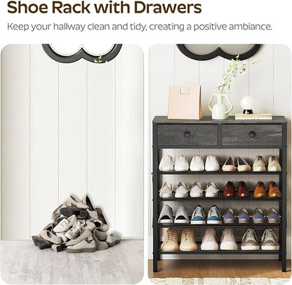 YATINEY 5 Tier Shoe Rack, Large Capacity Shoe Storage Organizer, Metal Shoe Shelf with Drawer and Wooden Top, for 20 Pairs of Shoes, for Entryway, Closet, Charcoal and Black SS25BCY1